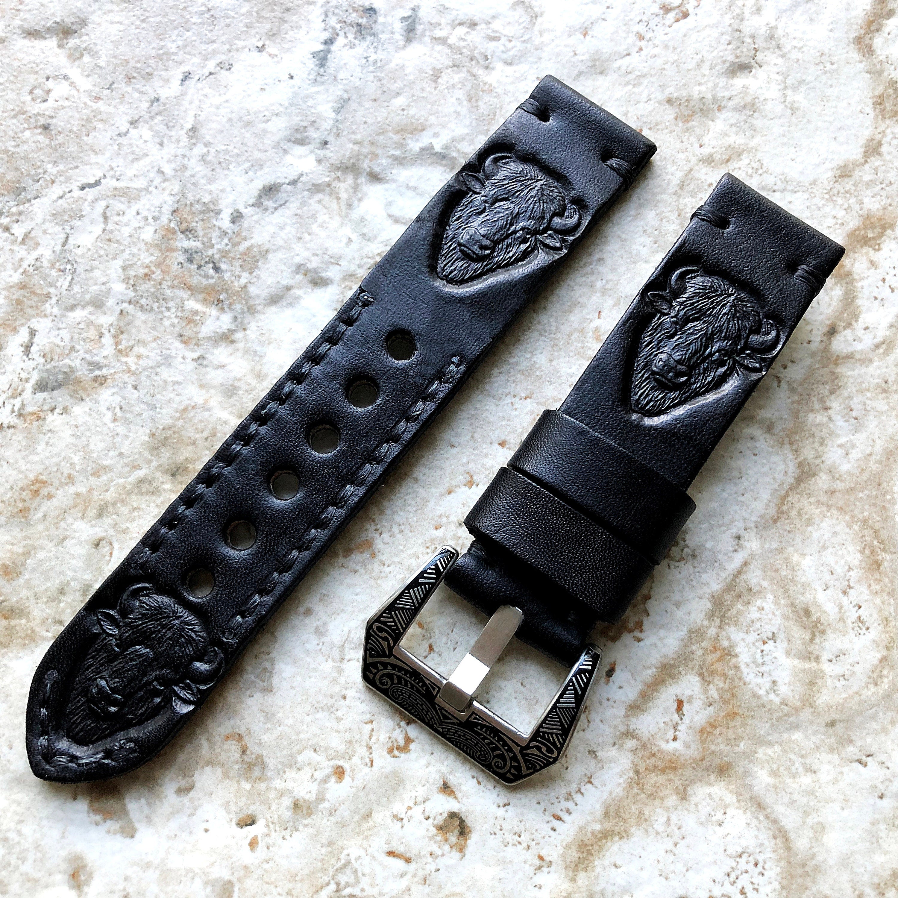 N American Bison Band 22mm 24mm 25mm Tooled Embossed Genuine Leather Compatible with Apple Watch Fitbit Versa 2 3 4 Sense 2 Ionic Strap